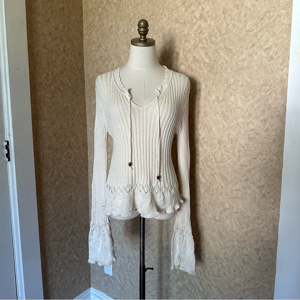 VTG Y2K 90s Hippie Boho Romantic Ruffle Trim Cream Crochet Knit Sweater Top